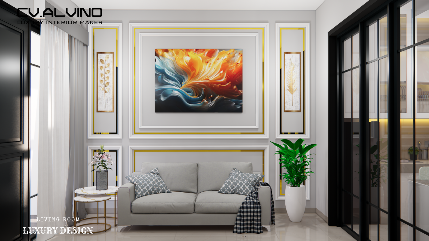 Dekorasi dinding dengan wall moulding klasik putih di rumah Grand Wisata Bekasi"